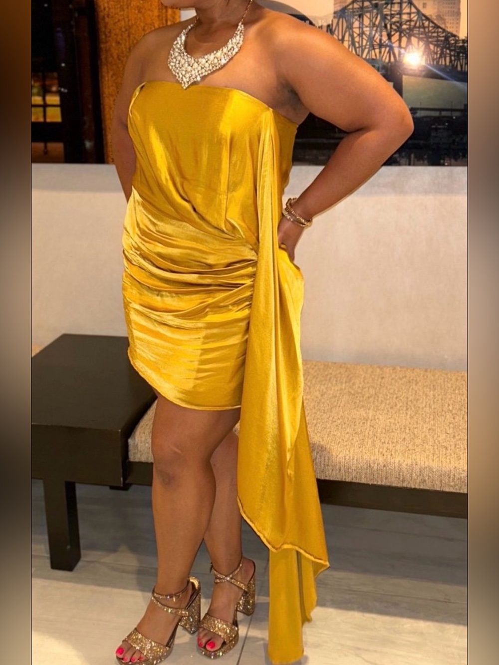 ASOS Strapless Gold Satin Ruched Mini Dress